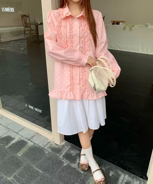 AsRiRe（アスリレイ）の「26aw　四色展開/ ドット柄フロントフリルオーバーサイズシャツブラウス（シャツ/ブラウス・レディース・グリーン/ホワイト/ピンク/ブルー・M）」の15枚目の写真
