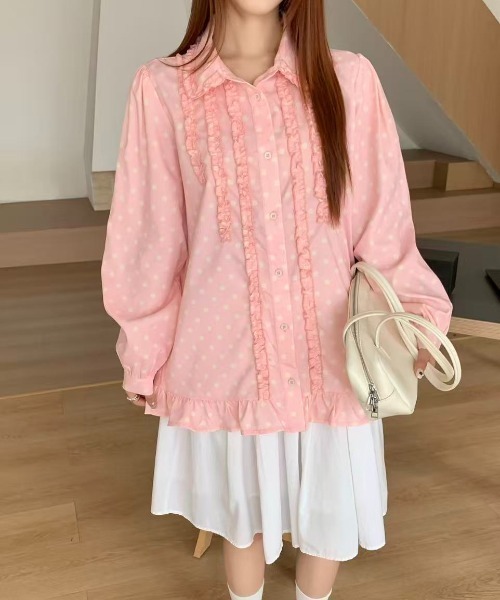 AsRiRe（アスリレイ）の「26aw　四色展開/ ドット柄フロントフリルオーバーサイズシャツブラウス（シャツ/ブラウス・レディース・グリーン/ホワイト/ピンク/ブルー・M）」の16枚目の写真