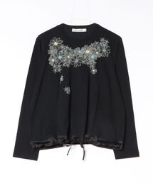 ブルームレースコラージュ柄発泡プリント裾ドロスト長袖Tシャツ
