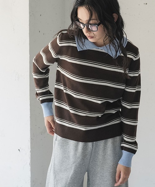 mili an deni(ミリアンデニ)の「ウール混配色ポロ襟ボーダープルオーバー(ニット/セーター・レディース・ネイビー/ブラウン・M)」の5枚目の写真