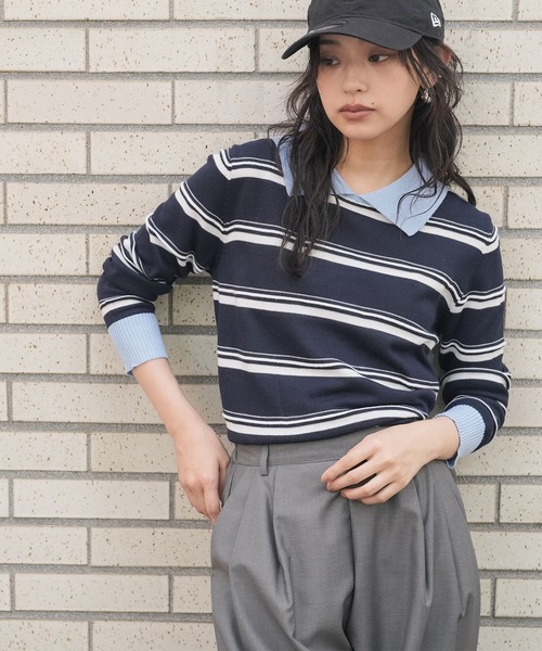 mili an deni(ミリアンデニ)の「ウール混配色ポロ襟ボーダープルオーバー(ニット/セーター・レディース・ネイビー/ブラウン・M)」の8枚目の写真