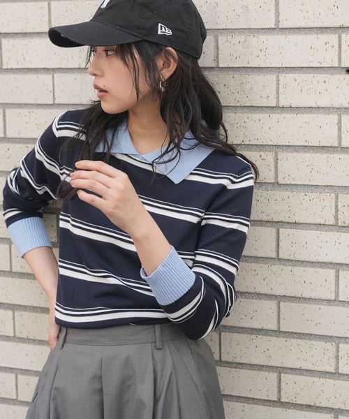 mili an deni(ミリアンデニ)の「ウール混配色ポロ襟ボーダープルオーバー(ニット/セーター・レディース・ネイビー/ブラウン・M)」の9枚目の写真