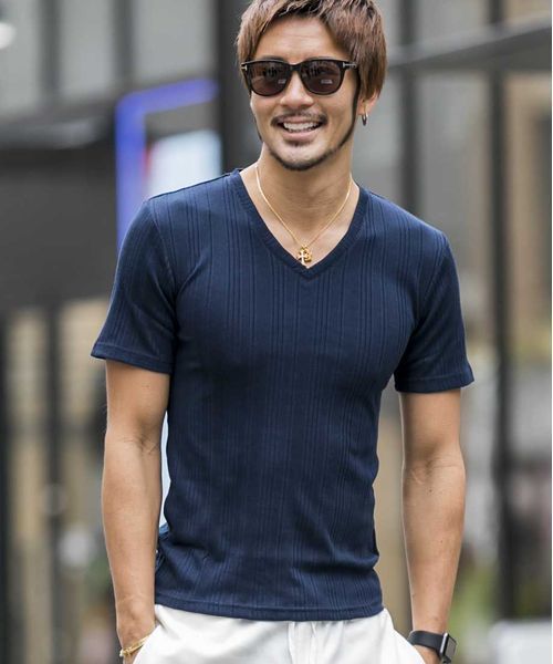 A.S.M（エーエスエム）の「ランダムテレコ／Ｖネック半袖Ｔシャツ（Tシャツ/カットソー・メンズ・ブラック/カーキ/ネイビー/グレー/ホワイト/ピンク/ワインレッド・50/48/52）」の5枚目の写真