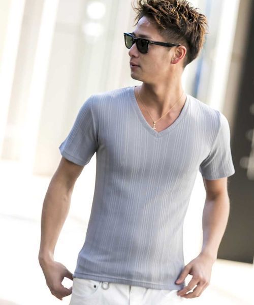 A.S.M（エーエスエム）の「ランダムテレコ／Ｖネック半袖Ｔシャツ（Tシャツ/カットソー・メンズ・ブラック/カーキ/ネイビー/グレー/ホワイト/ピンク/ワインレッド・50/48/52）」の4枚目の写真