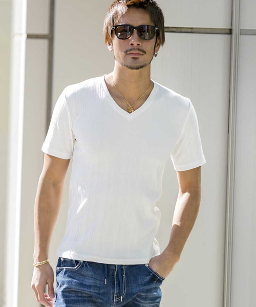 A.S.M（エーエスエム）の「ランダムテレコ／Ｖネック半袖Ｔシャツ（Tシャツ/カットソー・メンズ・ブラック/カーキ/ネイビー/グレー/ホワイト/ピンク/ワインレッド・50/48/52）」の2枚目の写真