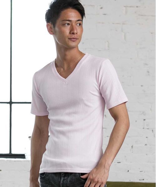 A.S.M（エーエスエム）の「ランダムテレコ／Ｖネック半袖Ｔシャツ（Tシャツ/カットソー・メンズ・ブラック/カーキ/ネイビー/グレー/ホワイト/ピンク/ワインレッド・50/48/52）」の6枚目の写真