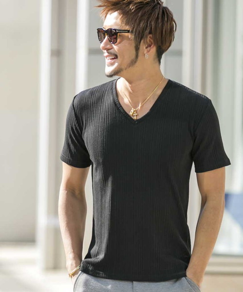 A.S.M（エーエスエム）の「ランダムテレコ／Ｖネック半袖Ｔシャツ（Tシャツ/カットソー・メンズ・ブラック/カーキ/ネイビー/グレー/ホワイト/ピンク/ワインレッド・50/48/52）」の3枚目の写真