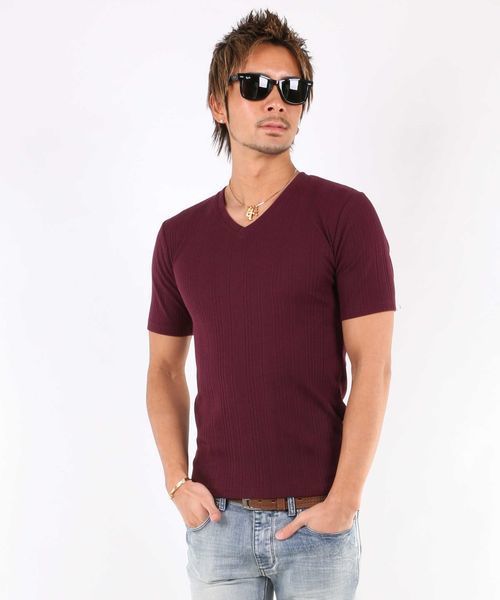 A.S.M（エーエスエム）の「ランダムテレコ／Ｖネック半袖Ｔシャツ（Tシャツ/カットソー・メンズ・ブラック/カーキ/ネイビー/グレー/ホワイト/ピンク/ワインレッド・50/48/52）」の7枚目の写真