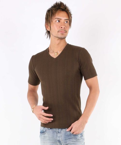 A.S.M（エーエスエム）の「ランダムテレコ／Ｖネック半袖Ｔシャツ（Tシャツ/カットソー・メンズ・ブラック/カーキ/ネイビー/グレー/ホワイト/ピンク/ワインレッド・50/48/52）」の11枚目の写真