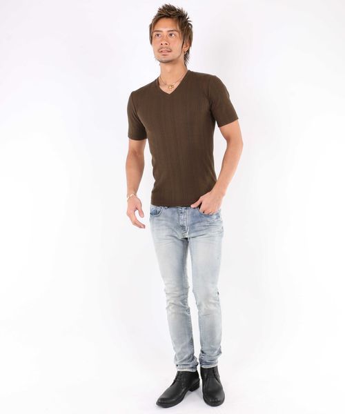 A.S.M（エーエスエム）の「ランダムテレコ／Ｖネック半袖Ｔシャツ（Tシャツ/カットソー・メンズ・ブラック/カーキ/ネイビー/グレー/ホワイト/ピンク/ワインレッド・50/48/52）」の12枚目の写真