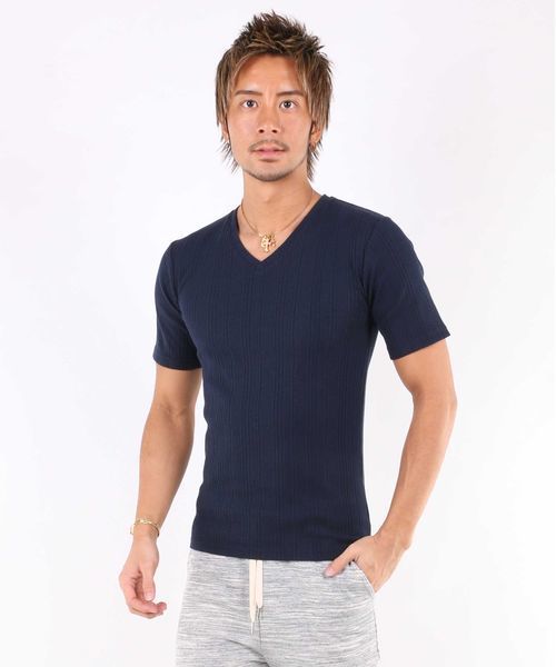 A.S.M（エーエスエム）の「ランダムテレコ／Ｖネック半袖Ｔシャツ（Tシャツ/カットソー・メンズ・ブラック/カーキ/ネイビー/グレー/ホワイト/ピンク/ワインレッド・50/48/52）」の18枚目の写真