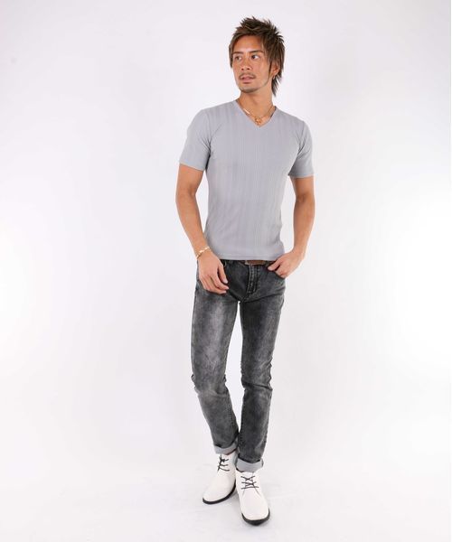 A.S.M（エーエスエム）の「ランダムテレコ／Ｖネック半袖Ｔシャツ（Tシャツ/カットソー・メンズ・ブラック/カーキ/ネイビー/グレー/ホワイト/ピンク/ワインレッド・50/48/52）」の22枚目の写真