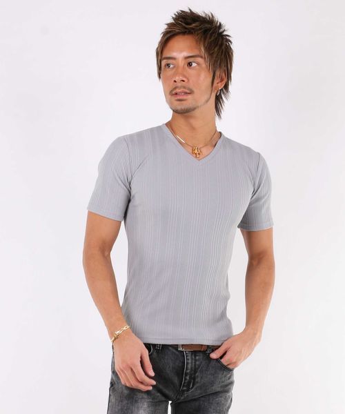 A.S.M（エーエスエム）の「ランダムテレコ／Ｖネック半袖Ｔシャツ（Tシャツ/カットソー・メンズ・ブラック/カーキ/ネイビー/グレー/ホワイト/ピンク/ワインレッド・50/48/52）」の13枚目の写真