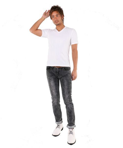 A.S.M（エーエスエム）の「ランダムテレコ／Ｖネック半袖Ｔシャツ（Tシャツ/カットソー・メンズ・ブラック/カーキ/ネイビー/グレー/ホワイト/ピンク/ワインレッド・50/48/52）」の15枚目の写真