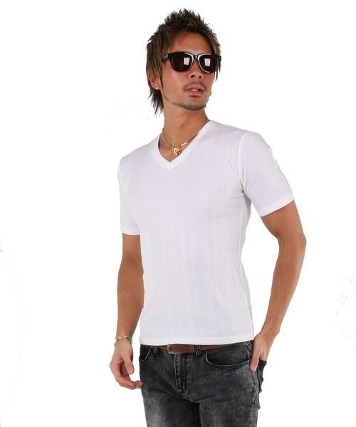 A.S.M（エーエスエム）の「ランダムテレコ／Ｖネック半袖Ｔシャツ（Tシャツ/カットソー・メンズ・ブラック/カーキ/ネイビー/グレー/ホワイト/ピンク/ワインレッド・50/48/52）」の16枚目の写真