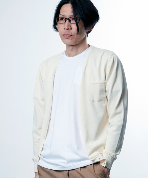 CUSTOM CULTURE（カスタムカルチャー）の「【TOUCH BACK】 Italy Made 12GG クレープコットン カーディガン（カーディガン/ボレロ・メンズ・ネイビー/オフホワイト/グリーン/マスタード/ロイヤルブルー・46/48/50）」の2枚目の写真