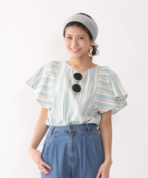 mystic(ミスティック)の「ストライプフレアスリーブプルオーバー(シャツ/ブラウス・レディース・オレンジ/ブルー/ピンク・フリ-)」の2枚目の写真