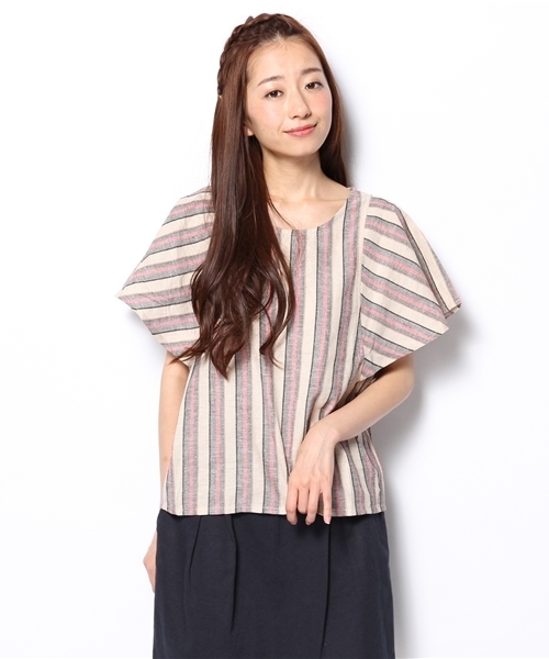 mystic(ミスティック)の「ストライプフレアスリーブプルオーバー(シャツ/ブラウス・レディース・オレンジ/ブルー/ピンク・フリ-)」の4枚目の写真