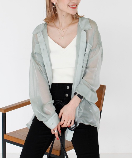 SPIRALGIRL(スパイラルガール)の「シースルーオーバーシャツ(シャツ/ブラウス・レディース・ベージュ/グリーン/オフホワイト・FREE)」の3枚目の写真