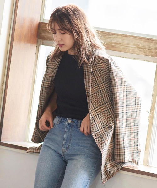 KOBE LETTUCE（コウベレタス）の「無地・チェック柄テーラードダブルジャケット【セットアップOK】（テーラードジャケット・レディース・アイボリー/グレイッシュベージュ/ベージュ系その他/グリーン系その他・FREE）」の2枚目の写真