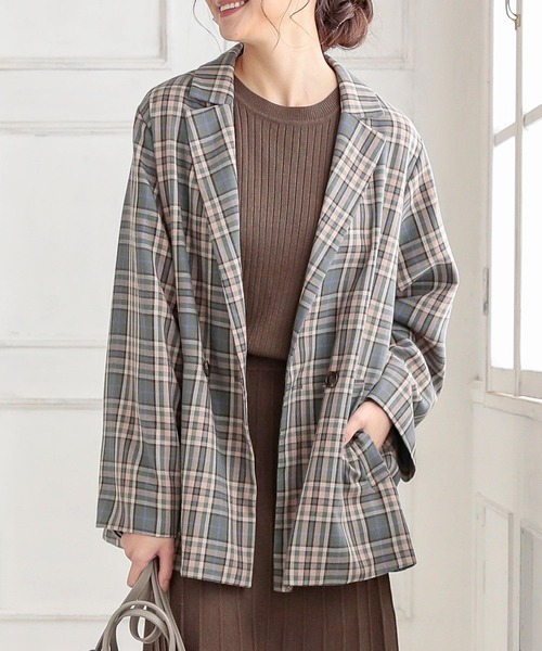 KOBE LETTUCE（コウベレタス）の「無地・チェック柄テーラードダブルジャケット【セットアップOK】（テーラードジャケット・レディース・アイボリー/グレイッシュベージュ/ベージュ系その他/グリーン系その他・FREE）」の4枚目の写真