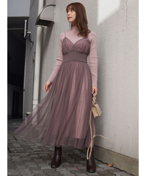 MERCURYDUO（マーキュリーデュオ）の「チュールキャミセットロングスリーブニットワンピース（ワンピース・レディース・ブラウン/ベビーピンク/アイボリー・FREE）」の13枚目の写真
