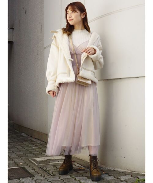 MERCURYDUO（マーキュリーデュオ）の「チュールキャミセットロングスリーブニットワンピース（ワンピース・レディース・ブラウン/ベビーピンク/アイボリー・FREE）」の4枚目の写真