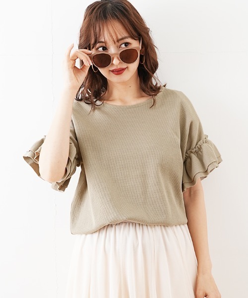 Futier land(フューティアランド)の「袖フリルワッフルTシャツ(Tシャツ/カットソー・レディース・ホワイト/ベージュ/モカ/チャコール・MEDIUM)」の11枚目の写真
