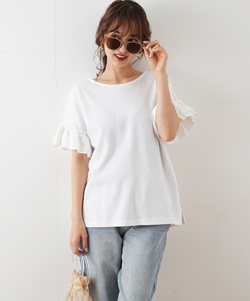 Futier land(フューティアランド)の「袖フリルワッフルTシャツ(Tシャツ/カットソー・レディース・ホワイト/ベージュ/モカ/チャコール・MEDIUM)」の12枚目の写真