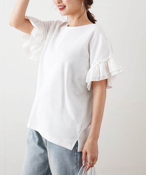 Futier land(フューティアランド)の「袖フリルワッフルTシャツ(Tシャツ/カットソー・レディース・ホワイト/ベージュ/モカ/チャコール・MEDIUM)」の6枚目の写真