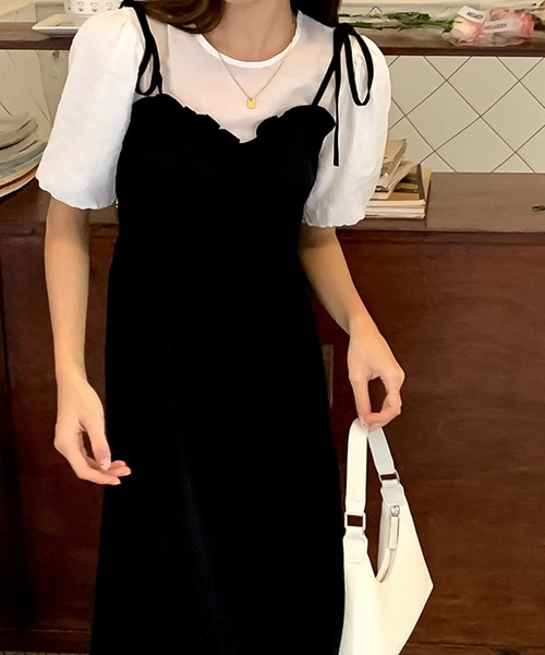 Girly Doll(ガーリードール)の「パフスリーブドッキングワンピース(ワンピース・レディース・ブラック/オレンジ・S/M)」の2枚目の写真