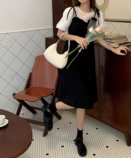 Girly Doll(ガーリードール)の「パフスリーブドッキングワンピース(ワンピース・レディース・ブラック/オレンジ・S/M)」の6枚目の写真