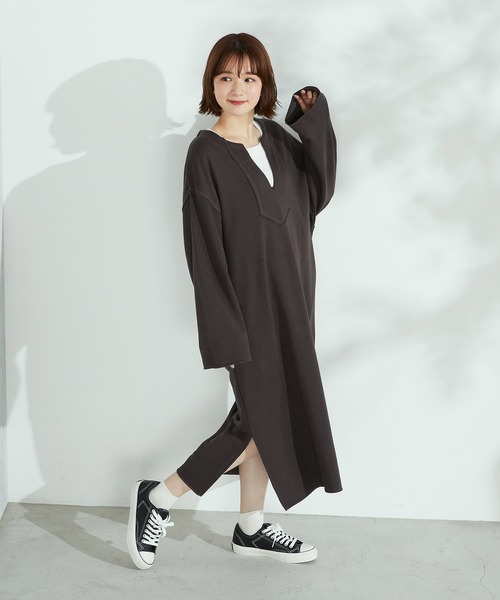 Purple&Yellow（パープルアンドイエロー）の「裏毛カフタンワンピース（ワンピース・レディース・ダークブラウン/ベージュ・SMALL/MEDIUM）」の6枚目の写真