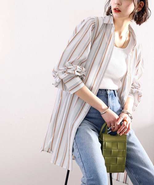 classicalelf（クラシカルエルフ）の「印象的一枚。袖ボリュームタックオーバーシャツ（シャツ/ブラウス・レディース・ホワイト/ブラック/ストライプ/オレンジ/ベージュ・MEDIUM/LARGE/X-LARGE/SMALL）」の18枚目の写真