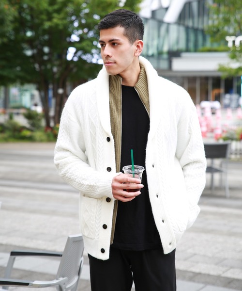 WESTSEA(ウエストシー)の「アラン柄 もちもちニット ショールカーディガン(KEEP SHEPEタイプ)(カーディガン/ボレロ・メンズ・ネイビー/バーガンディー/グレイッシュベージュ/ブラック/グレー/オフホワイト・L/XL/M)」の10枚目の写真