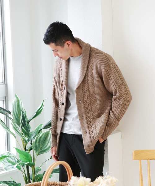 WESTSEA(ウエストシー)の「アラン柄 もちもちニット ショールカーディガン(KEEP SHEPEタイプ)(カーディガン/ボレロ・メンズ・ネイビー/バーガンディー/グレイッシュベージュ/ブラック/グレー/オフホワイト・L/XL/M)」の7枚目の写真