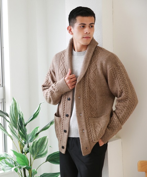 WESTSEA(ウエストシー)の「アラン柄 もちもちニット ショールカーディガン(KEEP SHEPEタイプ)(カーディガン/ボレロ・メンズ・ネイビー/バーガンディー/グレイッシュベージュ/ブラック/グレー/オフホワイト・L/XL/M)」の9枚目の写真