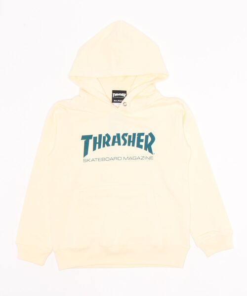 THRASHER(スラッシャー)の「MAG LOGO KIDS SWEAT PARKA/スラッシャーキッズプルオーバーパーカー(パーカー・キッズ・オリーブ/ブラック×ホワイト/ナチュラル・130/150)」の3枚目の写真