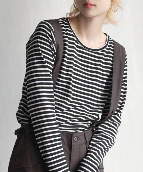 zootie(ズーティー)の「【着た瞬間あったかい】無地&ボーダー 裏起毛クルーネックカットソー(Tシャツ/カットソー・レディース・チャコール/オレンジ/ブラック×グレー/杢グレー/マスタード/バーガンディー/ブラック/アイボリー/ブラック×ホワイト/ライトベージュ/ダークグリーン・M/LL/L)」の4枚目の写真