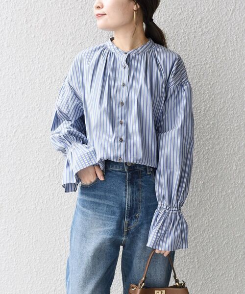 [美品]ストライプギャザースリーブブラウス 美品]ストライプギャザースリーブブラウス