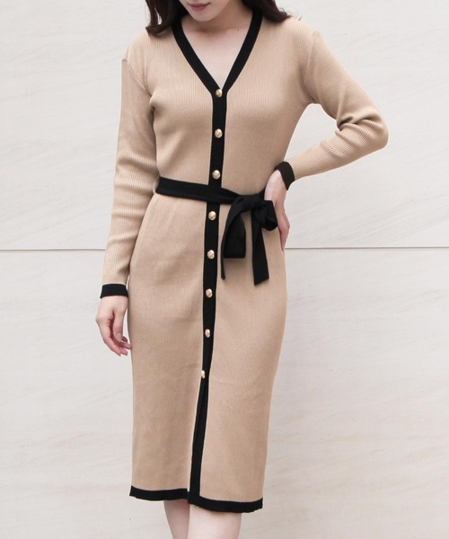 Julia Boutique（ジュリアブティック）の「2WAY・ウエストリボン付きパイピングニットカーディガン・ワンピース/21569（カーディガン/ボレロ・レディース・ブラック/グレー/ブラウン/ベージュ・ONE）」の4枚目の写真