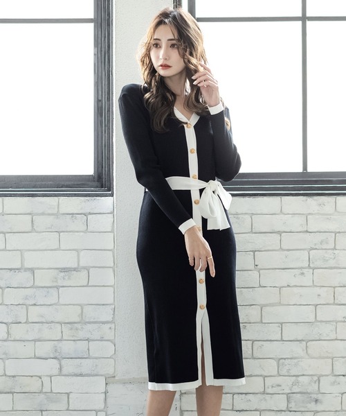 Julia Boutique（ジュリアブティック）の「2WAY・ウエストリボン付きパイピングニットカーディガン・ワンピース/21569（カーディガン/ボレロ・レディース・ブラック/グレー/ブラウン/ベージュ・ONE）」の2枚目の写真