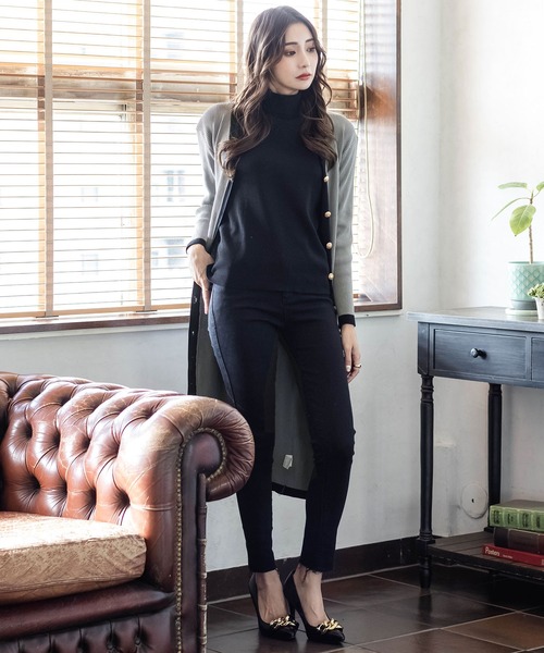 Julia Boutique（ジュリアブティック）の「2WAY・ウエストリボン付きパイピングニットカーディガン・ワンピース/21569（カーディガン/ボレロ・レディース・ブラック/グレー/ブラウン/ベージュ・ONE）」の5枚目の写真