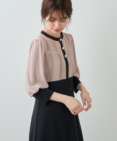 natural couture（ナチュラルクチュール）の「【WEB限定】パーティーシーンで映える　ビジュー釦異素材バルーン袖ワンピース（ドレス・レディース・ブラック/ベージュ/モカ・FREE）」の3枚目の写真