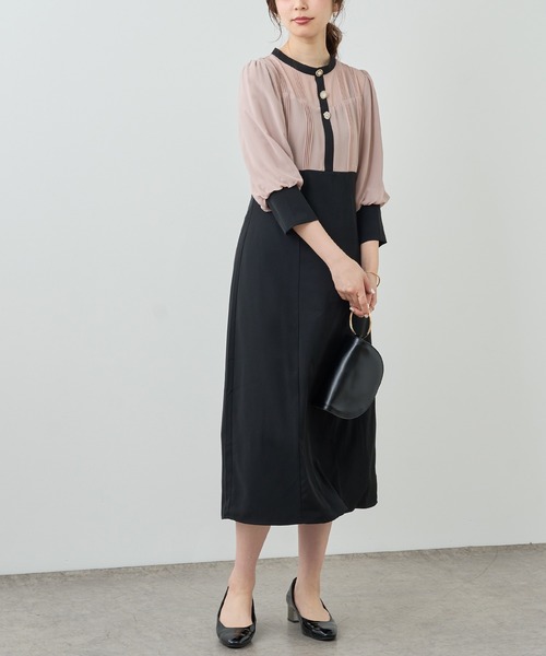 natural couture（ナチュラルクチュール）の「【WEB限定】パーティーシーンで映える　ビジュー釦異素材バルーン袖ワンピース（ドレス・レディース・ブラック/ベージュ/モカ・FREE）」の10枚目の写真