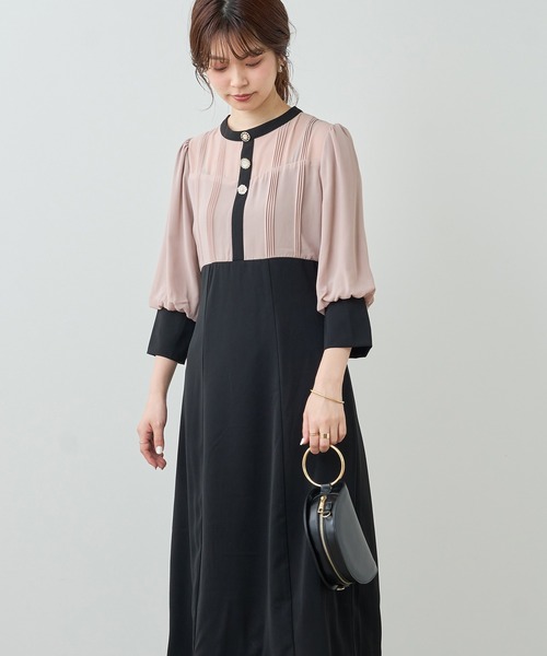 natural couture（ナチュラルクチュール）の「【WEB限定】パーティーシーンで映える　ビジュー釦異素材バルーン袖ワンピース（ドレス・レディース・ブラック/ベージュ/モカ・FREE）」の7枚目の写真