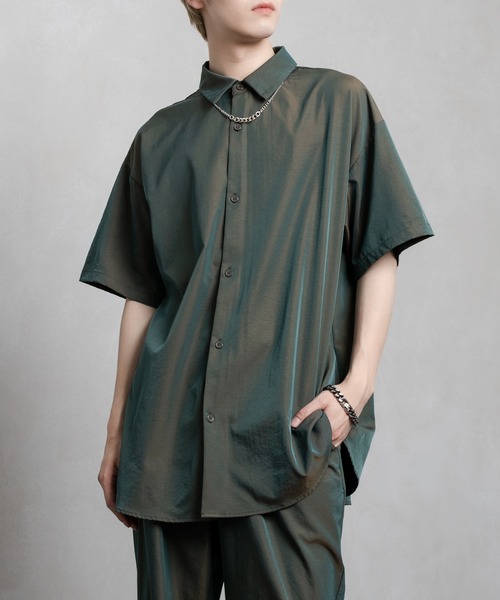 Adoon plain（アドーンプレーン）の「【Adoon plain】タマムシ半袖シャツ(セットアップ着用可)（シャツ/ブラウス・メンズ・グリーン系/ブルー系・MEDIUM/LARGE）」の9枚目の写真