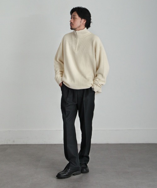 ZIP FIVE（ジップファイブ）の「【ZIP FIVE】あぜ編みベーシックワイドハーフジップニット　ソフトニットハーフジップネックセーター（ニット/セーター・メンズ・ブラック/ダークグリーン/ベージュ/ネイビー/グレー/アイボリー・MEDIUM/LARGE/X-LARGE）」の12枚目の写真