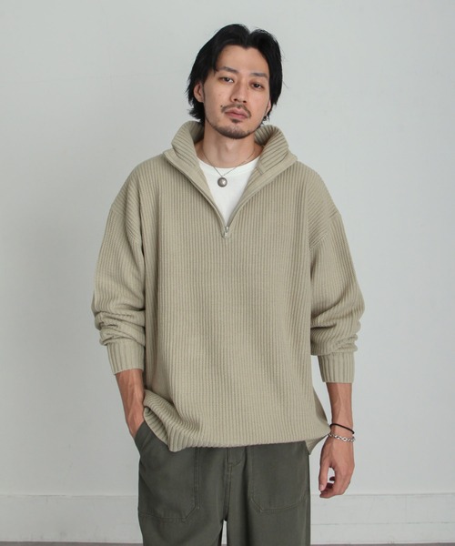 ZIP FIVE（ジップファイブ）の「【ZIP FIVE】あぜ編みベーシックワイドハーフジップニット　ソフトニットハーフジップネックセーター（ニット/セーター・メンズ・ブラック/ダークグリーン/ベージュ/ネイビー/グレー/アイボリー・MEDIUM/LARGE/X-LARGE）」の20枚目の写真