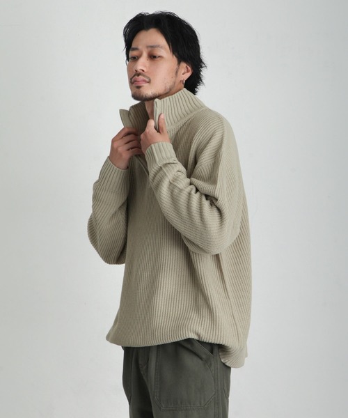 ZIP FIVE（ジップファイブ）の「【ZIP FIVE】あぜ編みベーシックワイドハーフジップニット　ソフトニットハーフジップネックセーター（ニット/セーター・メンズ・ブラック/ダークグリーン/ベージュ/ネイビー/グレー/アイボリー・MEDIUM/LARGE/X-LARGE）」の9枚目の写真